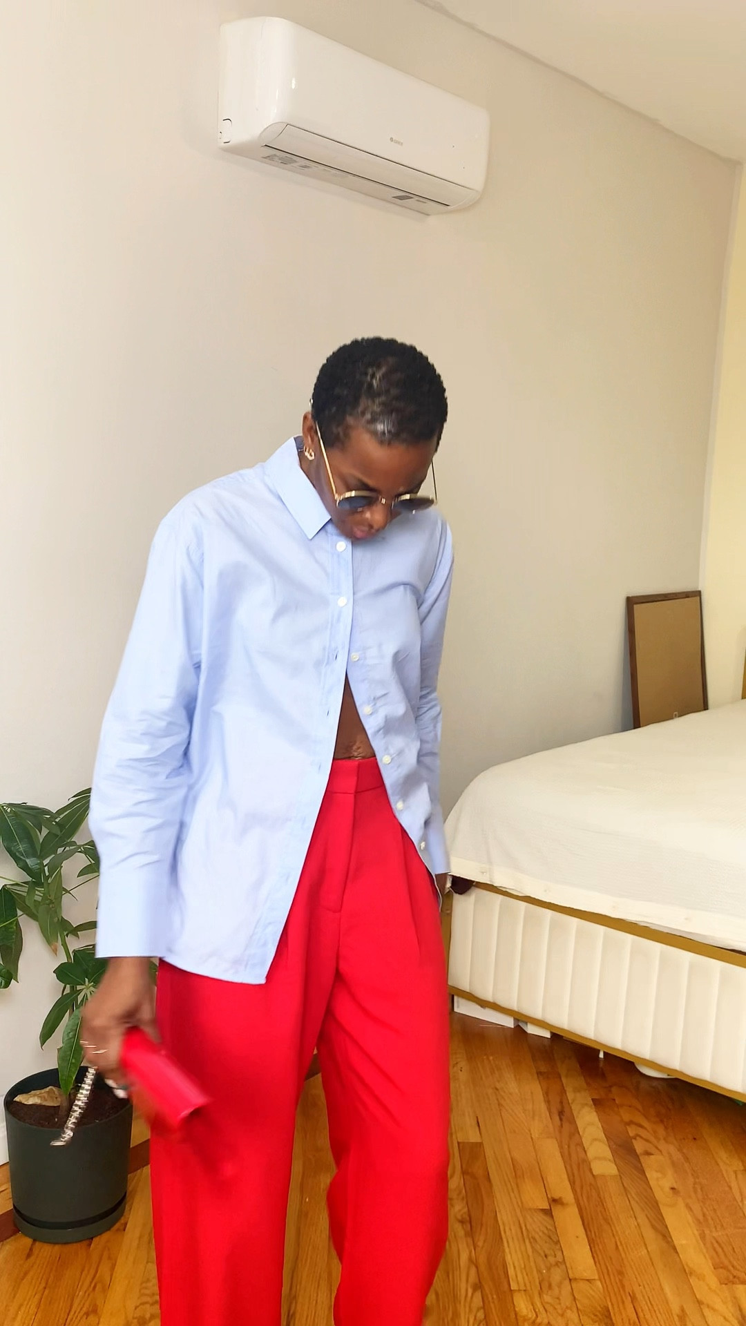 This blue button down shirt outfit paired with bold red trousers and matching red shoes is the perfect mix of classic and statement style. The crisp blue shirt keeps the look, clean and timeless, while the red trousers and shoes add a confident pop of color that is instantly elevates the outfit. This is a stand out look that still feels polished enough for workwear meeting brunch or any day you want to make a statement I linked the exact blue button down shirt, red trousers, bold color, combination, polished, and modern look perfect for work where are elevated everyday style statement outfit with classic pieces.￼#LTKBluebuttondown #LTKRedtrouser #LTKredpants #LTKRedoutfit #LTKColorblockstyle #LTKboldstyle #LTKChicoutfit 

#LTKOver40 #LTKWorkwear #LTKootd