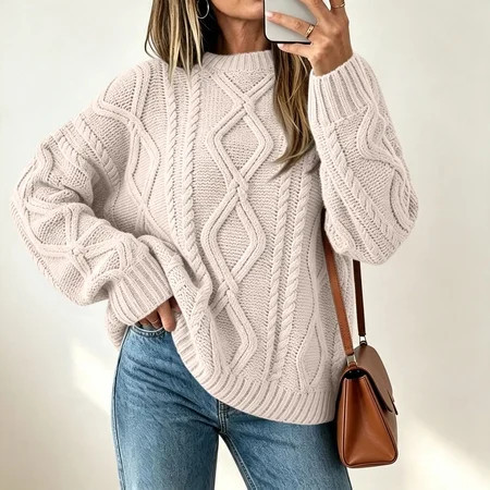 Tusihei Women Oversized Cable Knit Sweater Long Sleeve Chunky Pullover Tops Casual Fall Winter Cozy Knitwear Loose Fit Sweaters for Women, Beige M | Walmart (US)