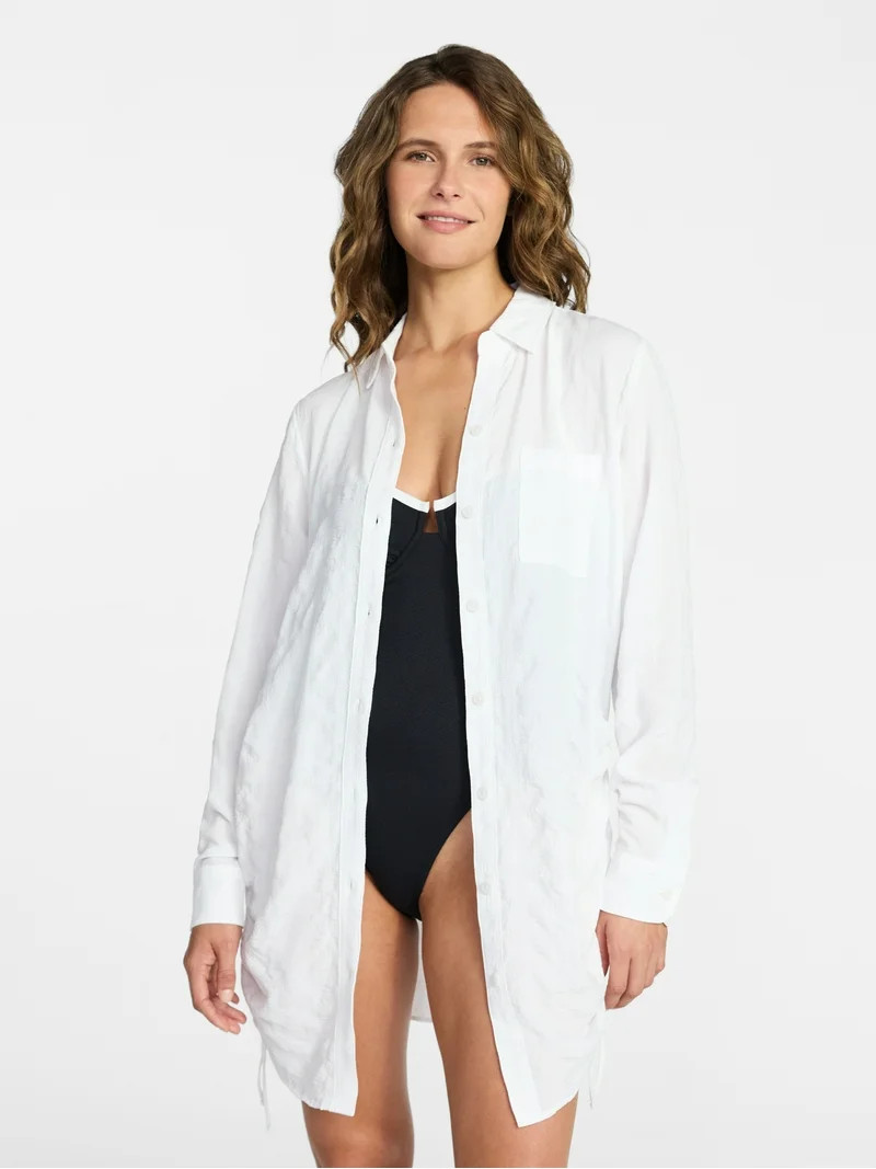 Time and Tru Women's and Women's Plus Size Essentials Convertible Button Down Shirt Coverup, Size... | Walmart (US)