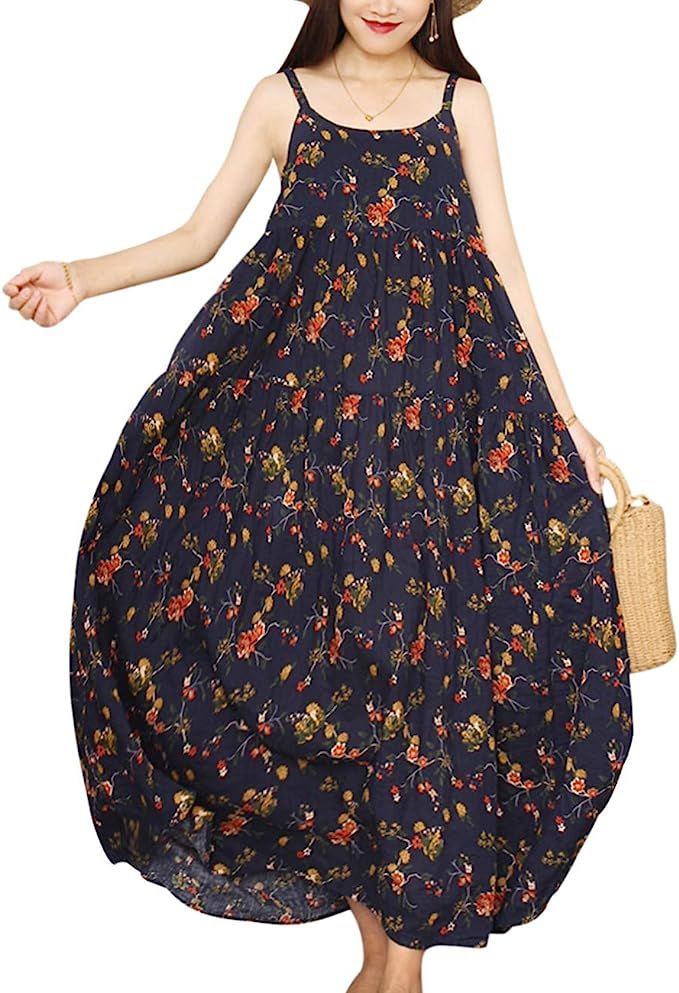 YESNO Women Casual Loose Bohemian Floral Print Dresses Spaghetti Strap Long Maxi Summer Beach Swi... | Amazon (US)