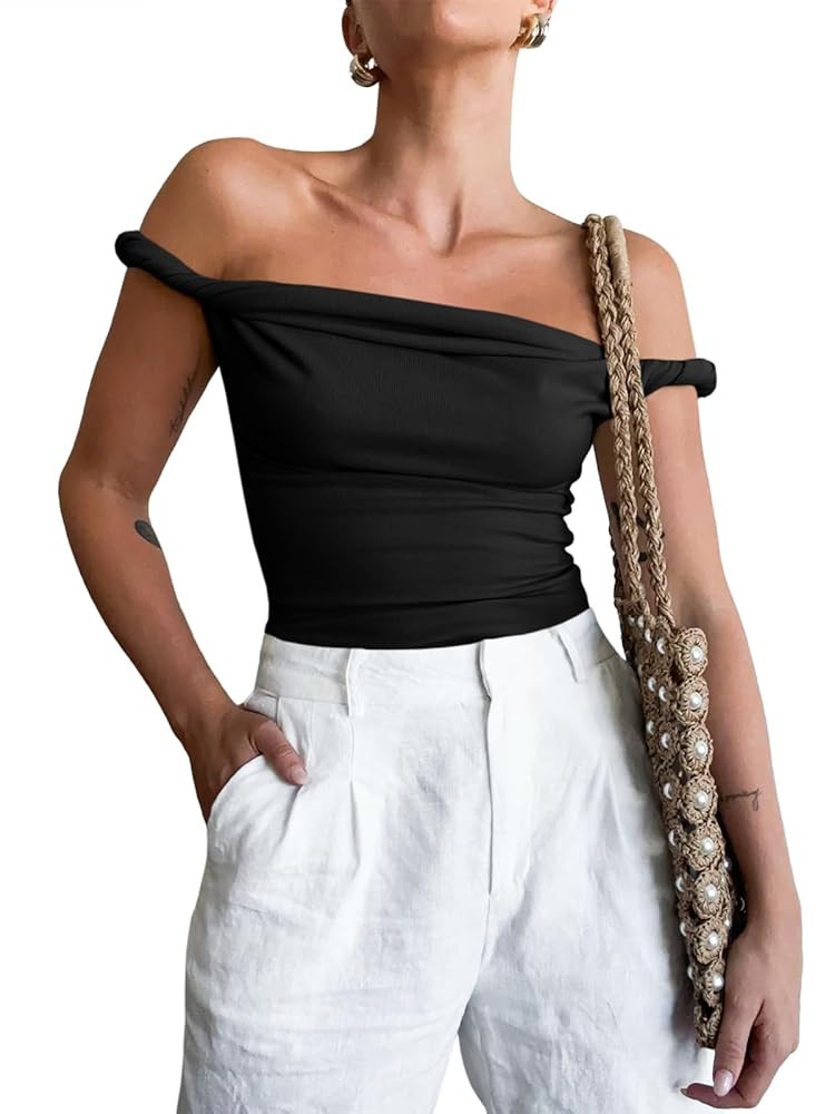 Tankaneo Womens Off The Shoulder Top Sleeveless Slim Fit Stretchy Tank Top Y2k Casual T Shirts | Amazon (US)