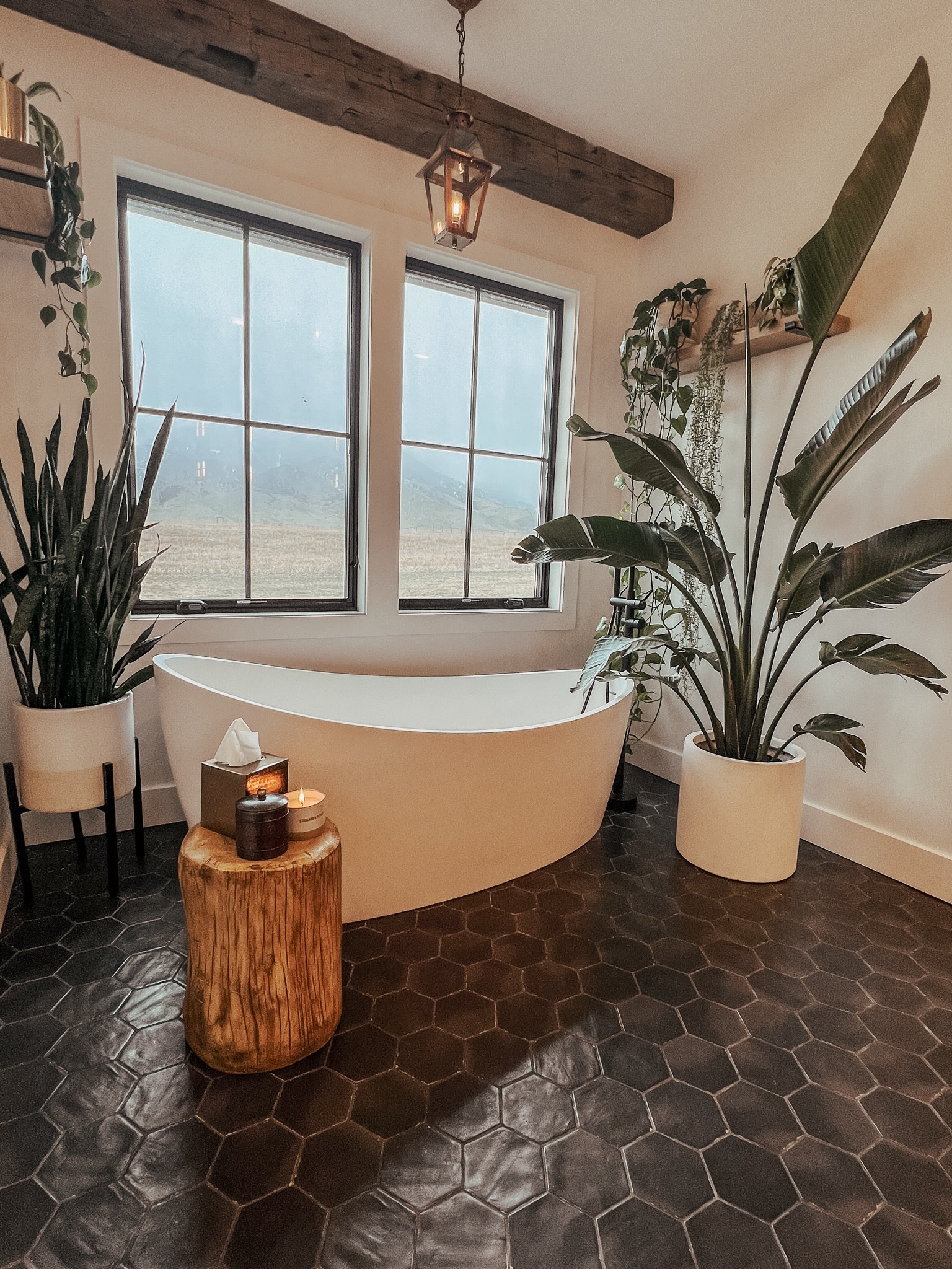 A master bathroom jungle! 

Plant
Plant pot
Planter
Freestanding bathtub
Bathroom stool
Bathroom stump
Stump accent table
Stump side table
Tree table
Bird of paradise
Snake plant
Freestanding tub and drainn

#LTKHome