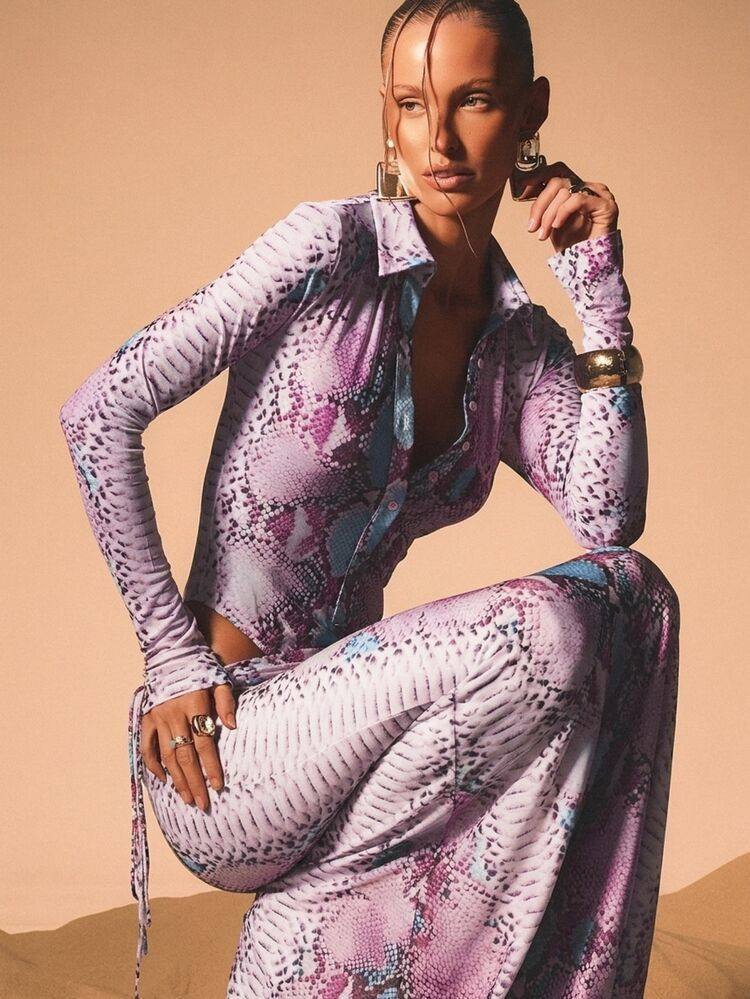 KIZN Snake Print Long Sleeve Bodysuit With High Cut Mesh Insert Details | SHEIN
