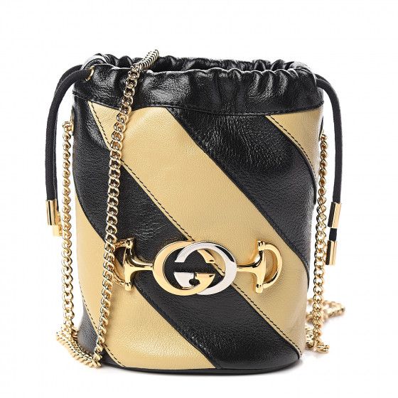 GUCCI Calfskin Striped Mini Zumi Bucket Bag Black Beige | Fashionphile