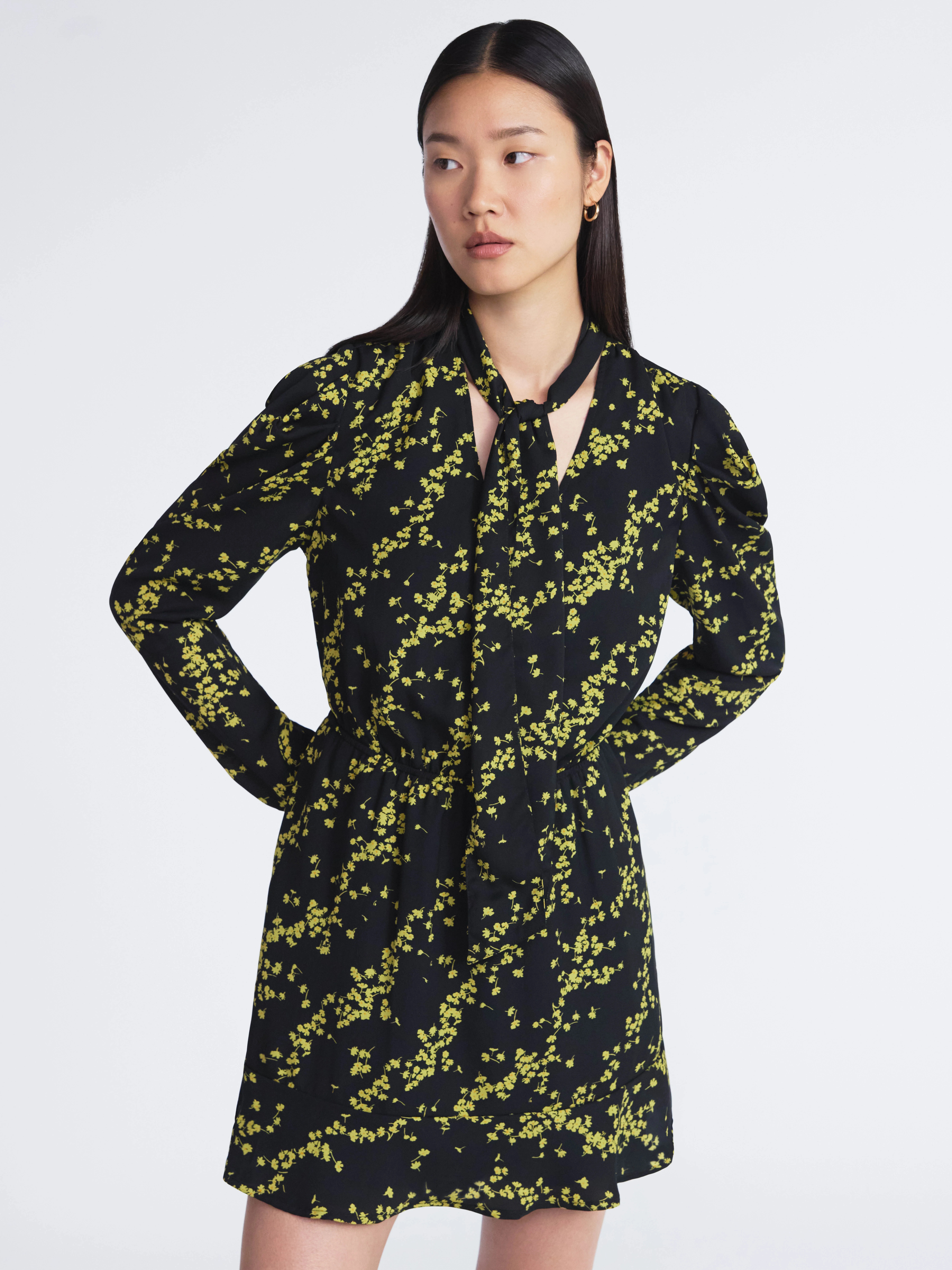 Scoop Women’s Tie Neck Mini Dress with Ruched Sleeves, Sizes XS-XXL | Walmart (US)