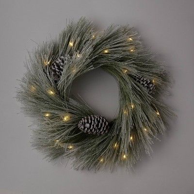 22&#34; Pre-lit Battery Operated LED Flocked Long Needle Artificial Christmas Wreath Warm White L... | Target