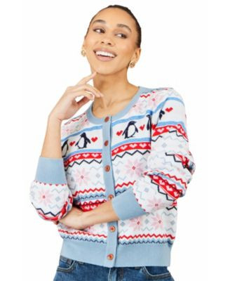 Yumi Women's Penguin Fair Isle Cardigan - Red | Macy's