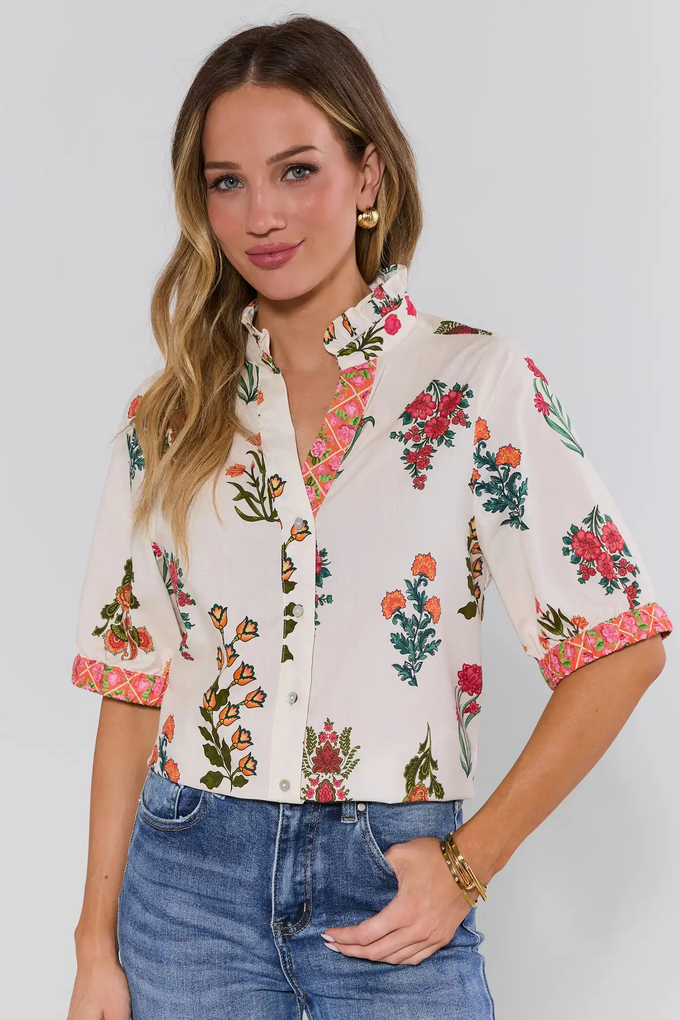 White Floral Button Up Top by THML | Avara