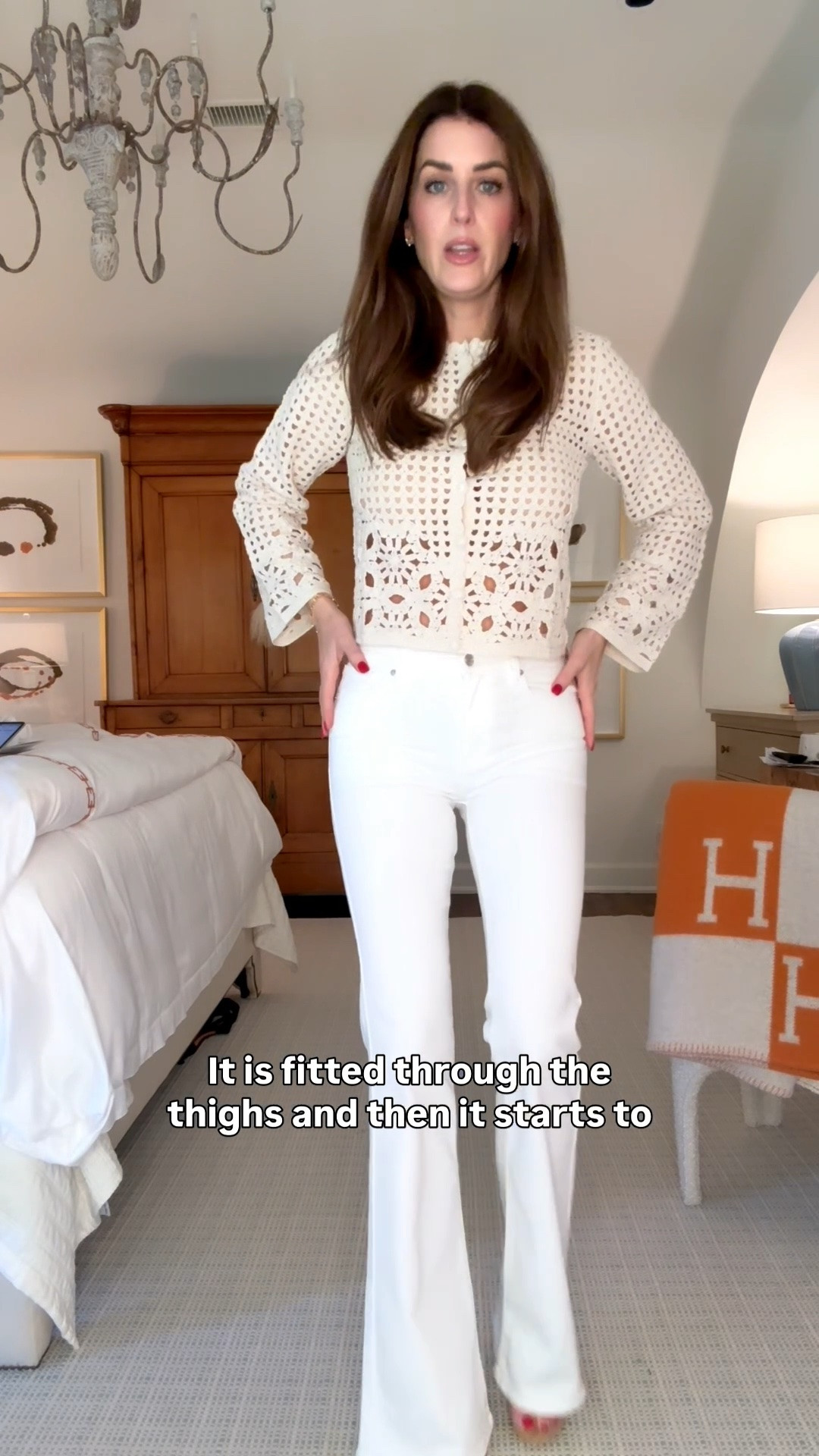 ￼ I’m wearing a small in the cardigan and my typical size 26 and the denim I do want to point out that this is midrise but I do prefer a high-rise on my silhouette.