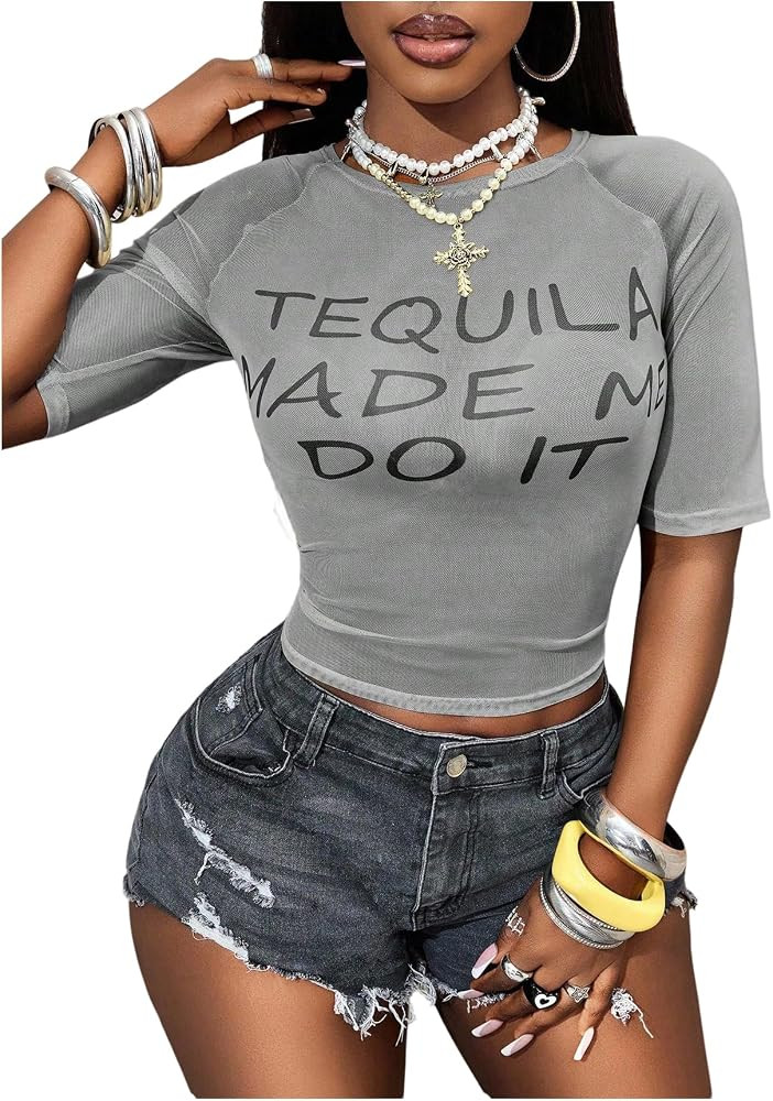 Women's Sheer Mesh Letter Graphic Tees Short Sleeve Crew Neck Y2K Vintage Crop Tops Going Out T S... | Amazon (US)