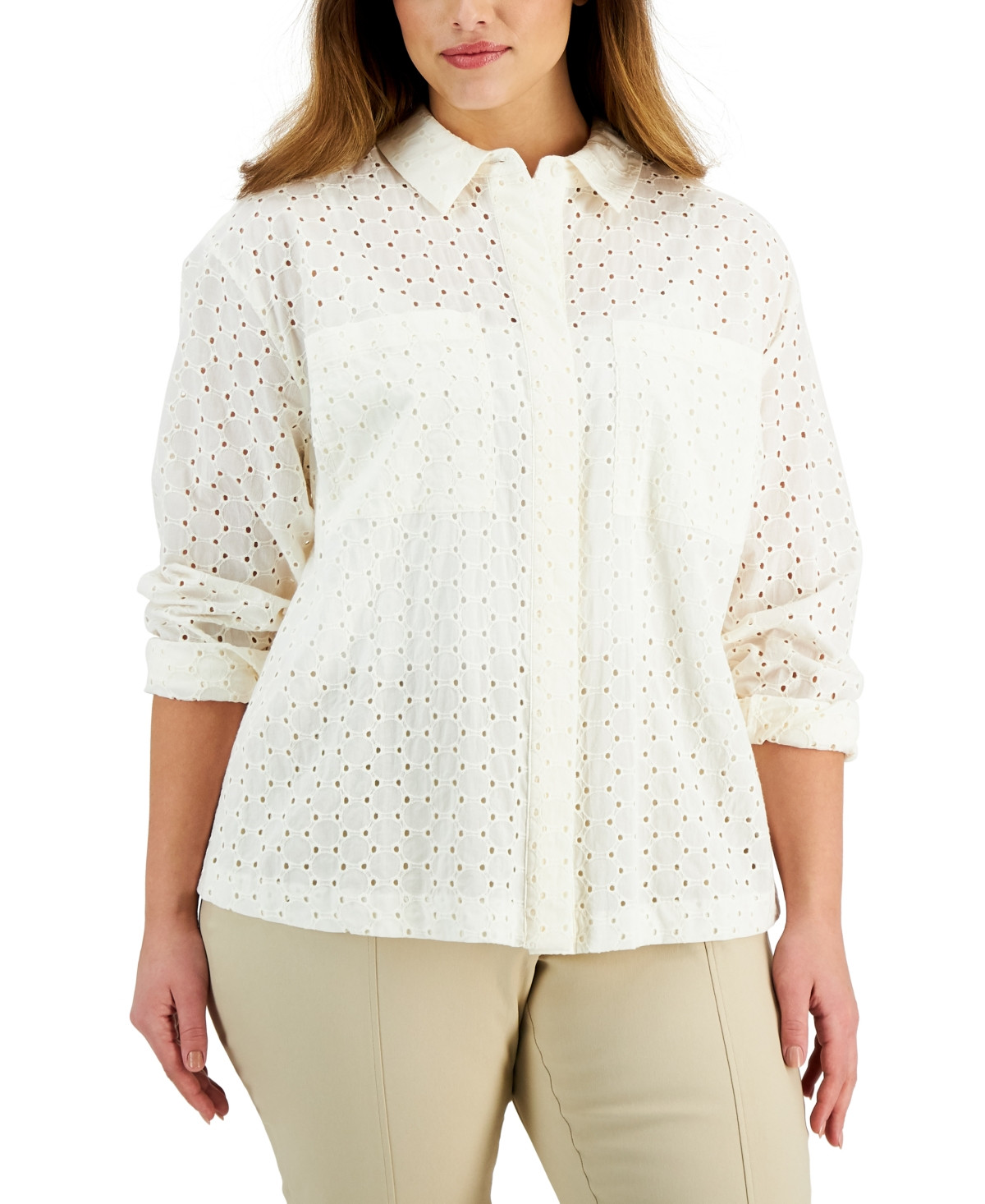 Alfani Plus Size Cotton Eyelet Blouse, Created for Macy's | Macys (US)