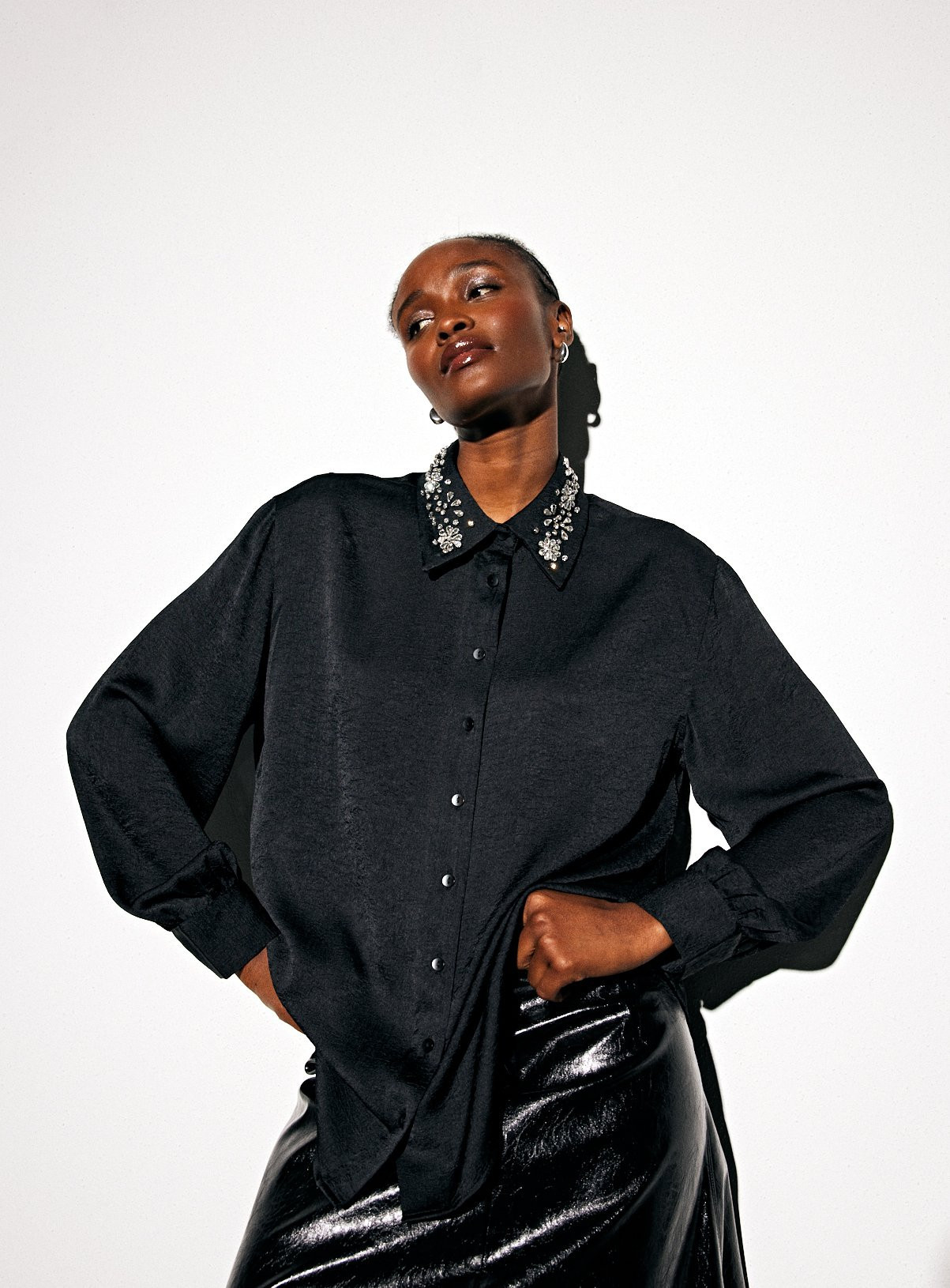 Black Embellished Collar Relaxed Satin Shirt | Tu Clothing