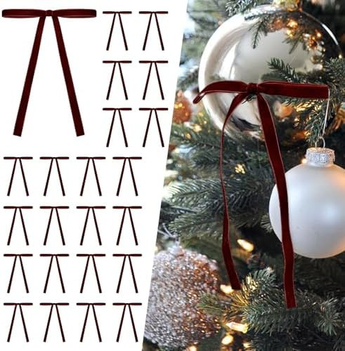 SIMISI RIBBON 24Pcs Burgundy Christmas Velvet Ribbon Bows Decorations Xmas Ornaments Vintage Deco... | Amazon (US)