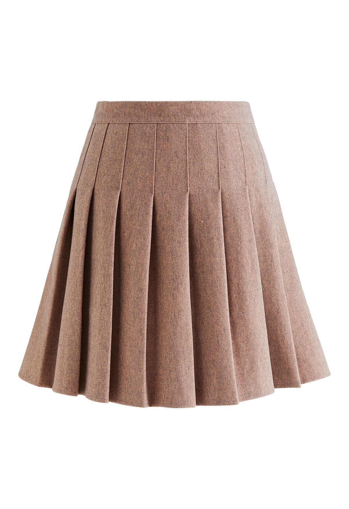 High Waist Wool-Blend Pleated Skater Skirt in Camel | Chicwish