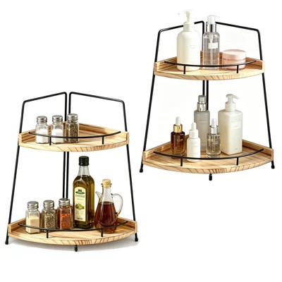 set of 2 2-Tier Corner Countertop Storage Shelf – Triangle Bathroom Sink Organizer with Metal Rails, Waterproof Paulownia Wood Shelf for Vanity, Kitch | Wayfair North America