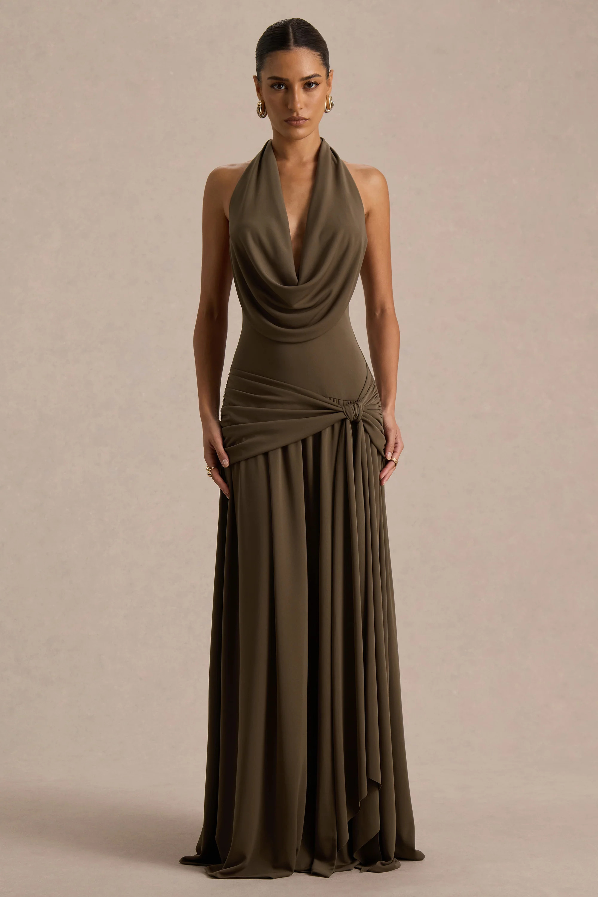 Mist | Olive Plunge-Neck Maxi Dress With Knot-Detail And Open-Back | Club L London