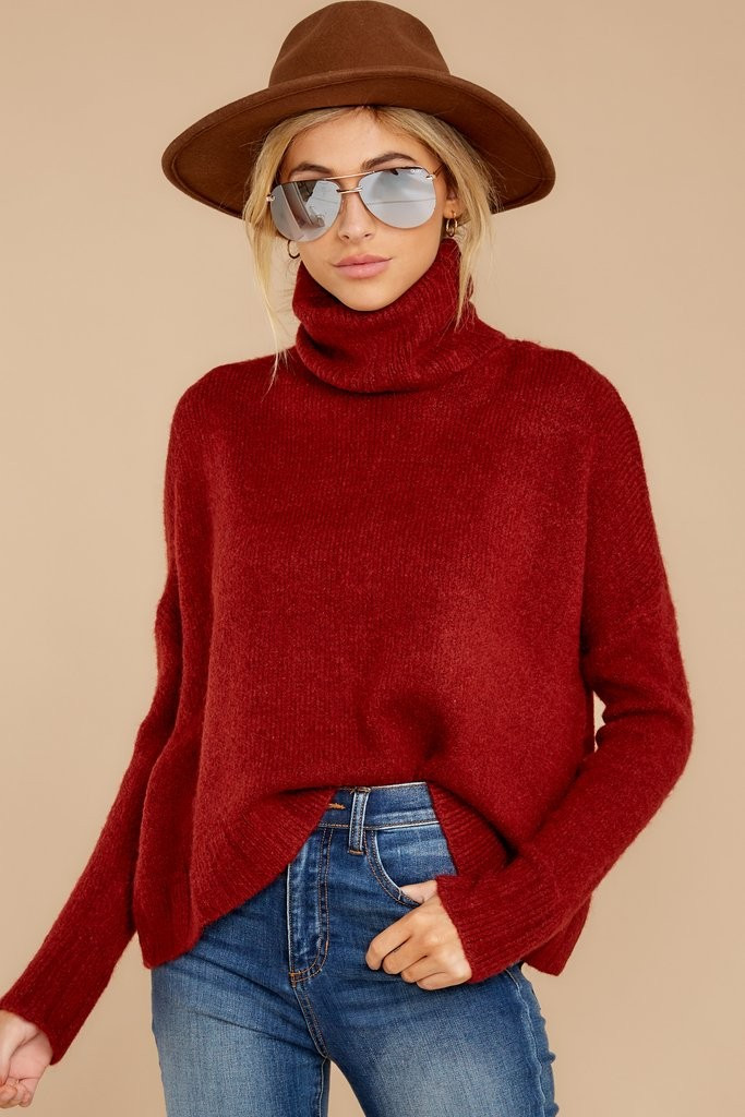 Say Anything Brick Red Turtleneck Sweater | Red Dress 