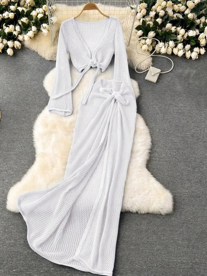 Ladies' Solid Color Knitted Vacation Beach Cover-Up Set | SHEIN