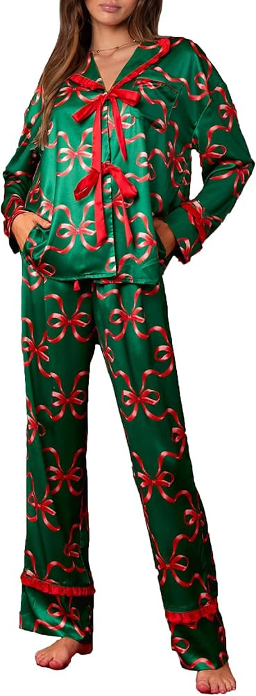 Faretumiya Cute Christmas Pajamas Women Bow Tie Long Sleeve Shirt Pants Pj Set Xmas Graphic Print... | Amazon (US)