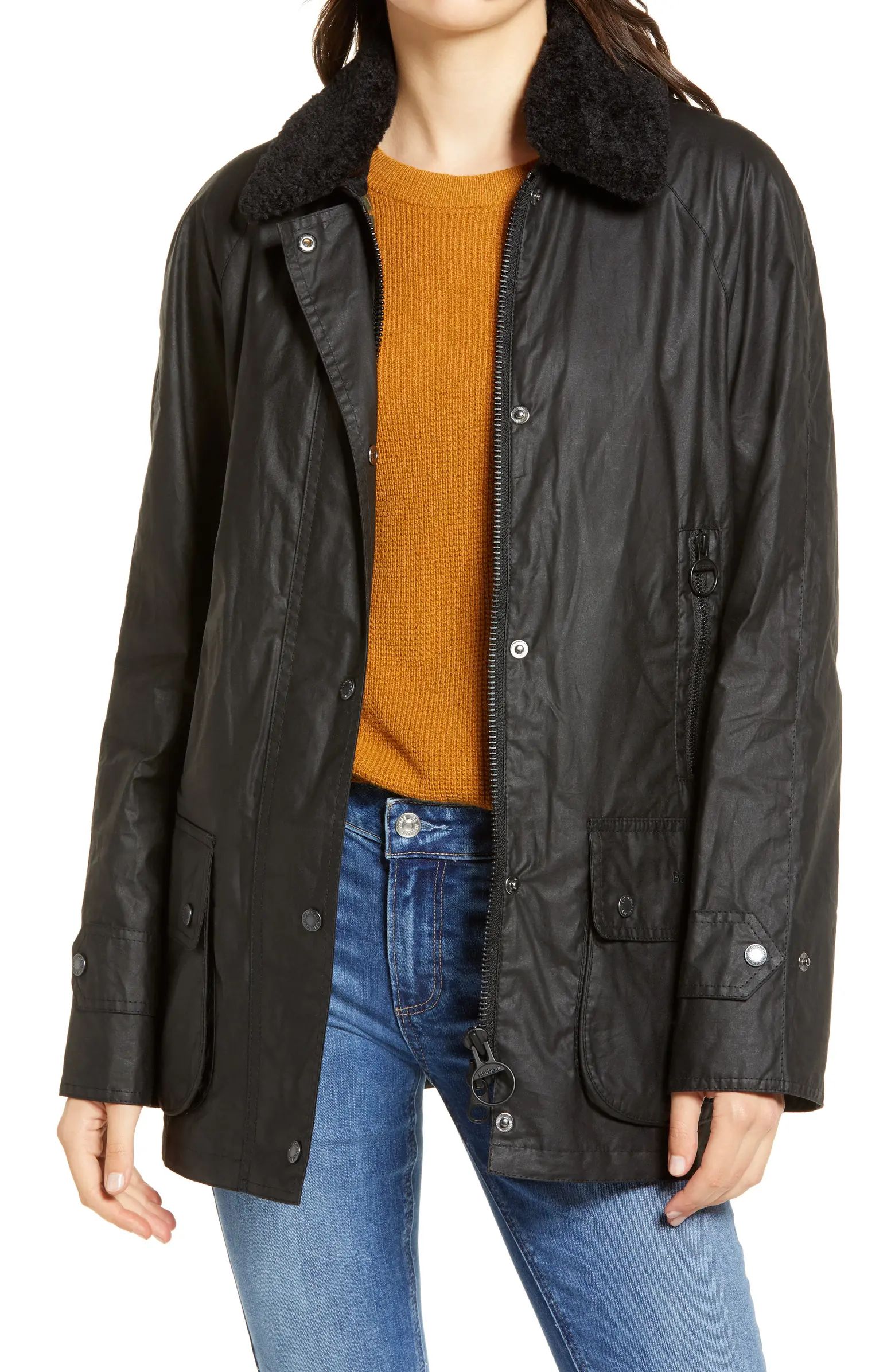 Barbour Goodwood Waxed Cotton Rain Jacket with Faux Shearling Trim | Nordstrom | Nordstrom