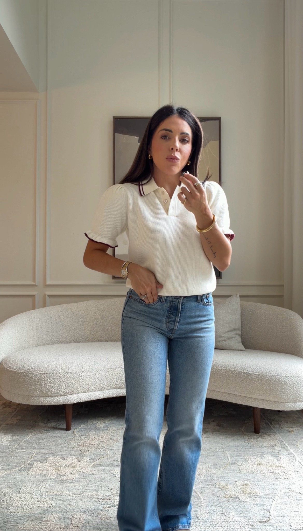 Love this short sleeve polo 
Top- size XS
Jeans - size 25w x 32l

#LTKcanada #LTKfall #LTKworkwear