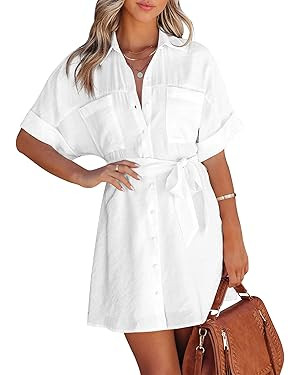Zeagoo Women's Shirt Dress Button Down Summer Casual Short Sleeve Tunic Tops Mini Dresses with Be... | Amazon (US)
