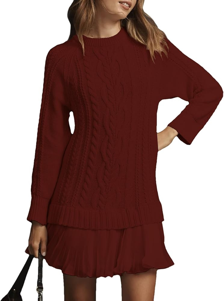 Womens Sweater Dress Twofer Cable Knit Long Sleeve Crew Neck Knitted Pullover Patchwork Pleated M... | Amazon (US)