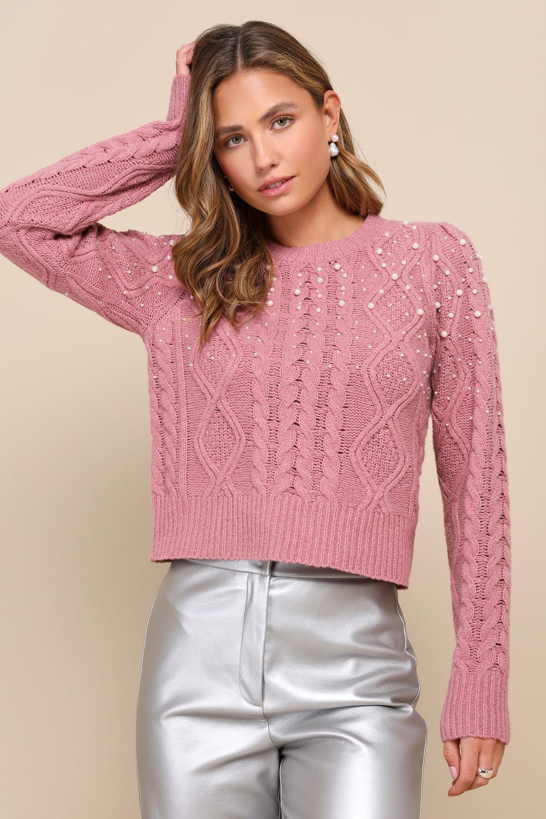 Posh Favorite Mauve Pink Pearl Cable Knit Pullover Sweater | Lulus