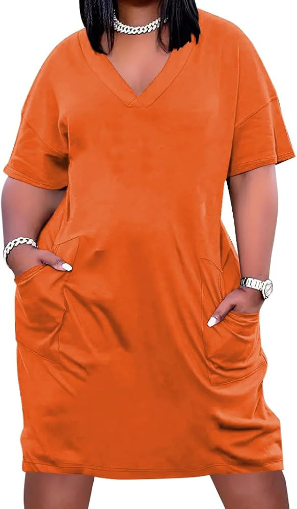 YeGine Women's Plus Size Casual Midi Dresses Short Sleeve T Shirt Dress with Pockets | Amazon (US)