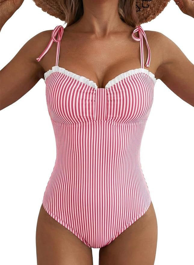 Herseas Women’s Striped One Piece Swimsuits Tie Shoulder High Cut Tummy Control Bathing Suit 20... | Amazon (US)