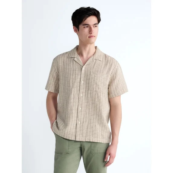 Free Assembly Men's Plaid Textured Cotton Camp Shirt with Short Sleeves, Sizes S-3XL | Walmart (US)