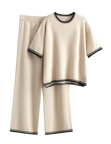 Creerer Lounge Sets Women 2 Piece Outfits Short Sleeve Knit Pullover Tops Wide Leg Pants Sweater Sets(Beige-XS) | Amazon (US)
