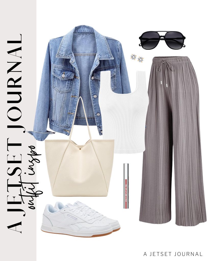 Wear this Ladyful denim jacket over a ribbed fitted tank top, paired with gray pleated pants. This combination goes well with Reebok Court Advance sneakers and these stud earrings.

#LTKSeasonal #LTKSaleAlert #LTKTravel
 

 