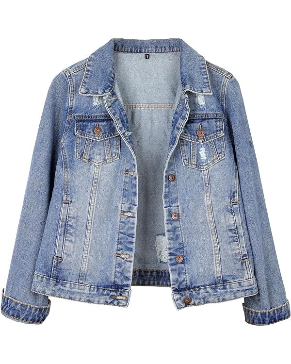 MISS MOLY 2024 Jean Jacket For Women Distressed Ripped Casual Long Sleeve Classic Denim Trucker J... | Amazon (US)