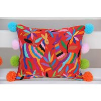 Red Folk Art Pillow Sham With Pom Poms-Otomi Embroidery Ready To Ship | Etsy (US)