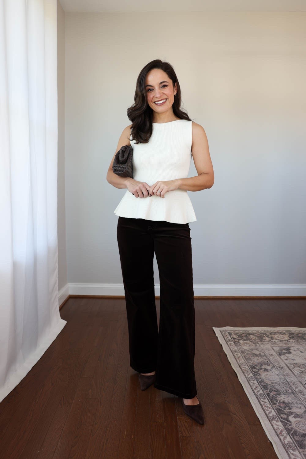 Testing the fit of petite jeans and pants from Kut from the Kloth - the verdict - a win! 

Jean corduroy pants: petite 00 / 10.25” rise / 28.25” inseam 
White t-shirt: xs
Peplum top: xxs 

For size comparison, I’m 4’10” 105lbs. My measurements are 32”, 24”, 36”. I typically wear petite xxs/00/24 and have a 25” ankle inseam and a 27.5-28” full length inseam.