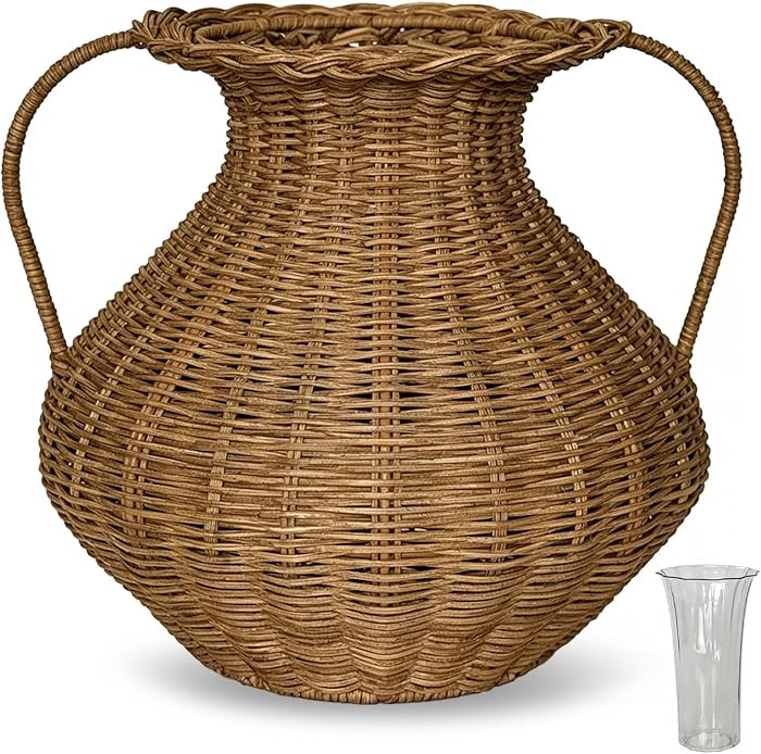 Handwoven Natural Rattan Flower Vase, Wicker Basket with Acrylic Liner, Double-Handle Nordic Styl... | Amazon (US)