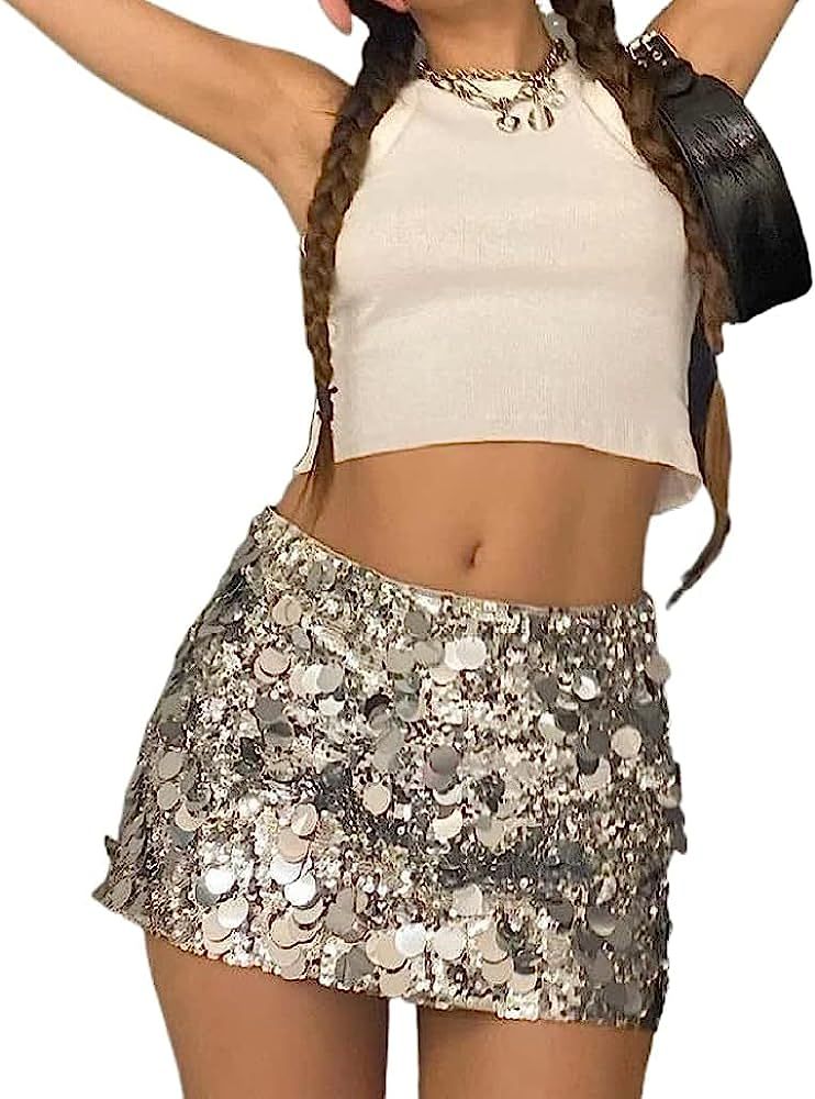 Women Sequin Skirts Sparkle Bodycon Mini Skirts Shiny Glitter Short Wrap Skirt Sexy Night Out Clu... | Amazon (US)