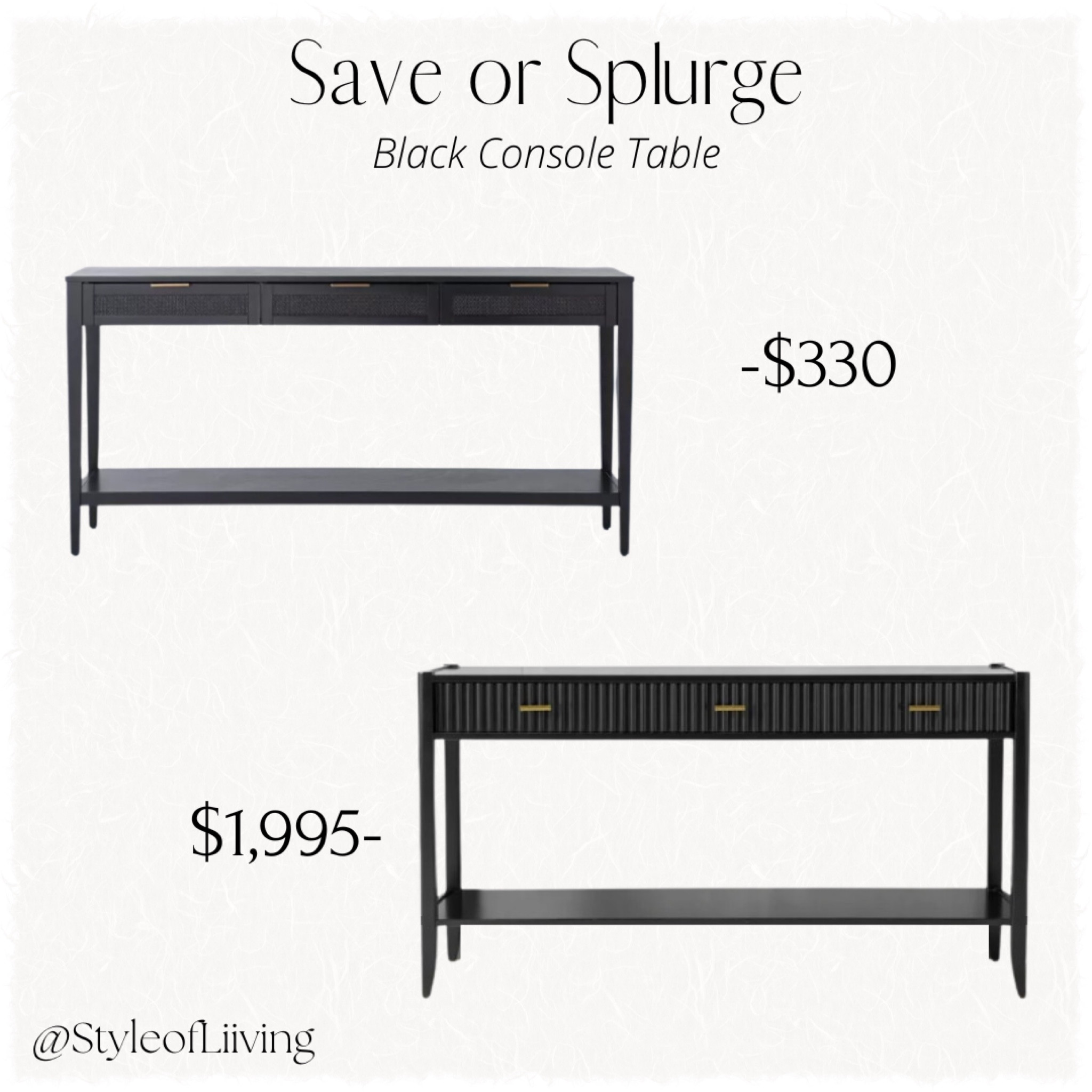 Save or splurge! Same vibe for less. Black console table with drawers from Williams Sonoma and Target.

#furniture
#livingroom

#LTKhome #LTKstyletip #LTKsalealert