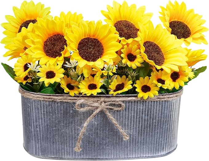 Winlyn 10" Farmhouse Artificial Sunflowers Centerpiece Yellow Sunflower Bouquets in Galvanized Me... | Amazon (US)