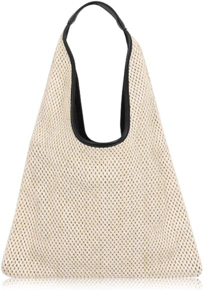 QTKJ Hand-woven Straw Shoulder Bag Boho Black Leather Top Handle Tote Retro Summer Beach Bag Holi... | Amazon (US)