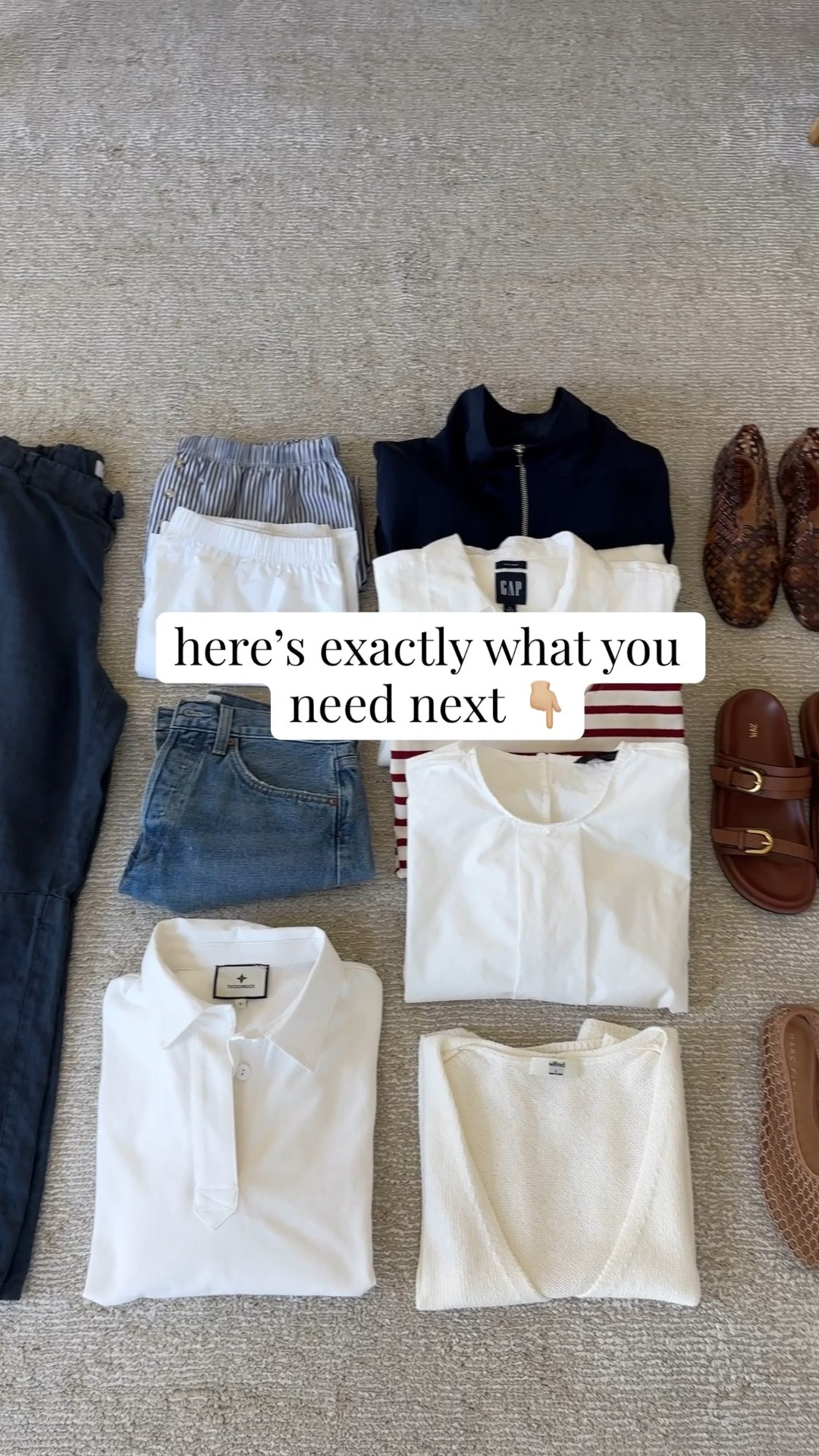 If you have your spring basics now, here’s exactly what you need next: 

Pants
Z Supply trosuers small
Citizens of Humanity Miro 25 petite
Velvet linen barrels xs

Shorts
Donni boxer shorts medium (to wash and dry) in white  
Donni boxer shorts medium (to wash and dry) in blue stripe  
Agolde Parker denim shorts 25

Tops
Tuckernuck polo small
Aritzia knit tank s
Zara poplin top small
Tucjercuk stripe tee xs
Gap linen button up petite small

Jacket 
Zara funnel neck xs

Shoes
Steve Madden jelly flats 5
Zara slides 5
Marc Fosher flats 5
Bimba Y Lola sneaker 6. I need the size 5

Bags 
Quince bucket bag
J.crew clutch


#LTKPetite