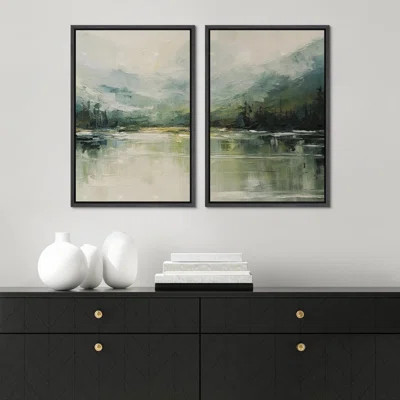 Abstract Green Mountain Range Forest Nature Landscape - Framed Canvas Bedroom Wall Art 2 Piece Print | Wayfair North America