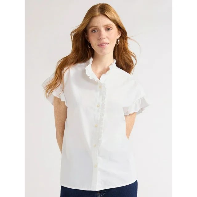 Free Assembly Women's Ruffle Trim Cotton Shirt with Short Sleeves, Sizes XS-XXL | Walmart (US)