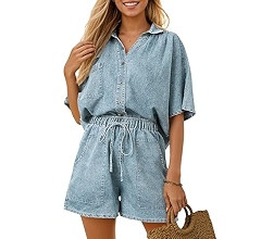 Zilcremo Womens 2 Piece Outfits Summer Denim Sets Short Sleeve Button Down Crop Jean Shirts High ... | Amazon (US)