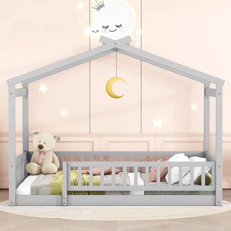 Harper & Bright Designs Full Size Montessori Bed, Floor Bed for Kids with Fence Railing, Wood Ful... | Amazon (US)