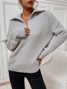 SHEIN EZwear Ribbed Knit Half Zipper Drop Shoulder Sweater SKU: sw2109057450498827(1000+ Reviews)... | SHEIN