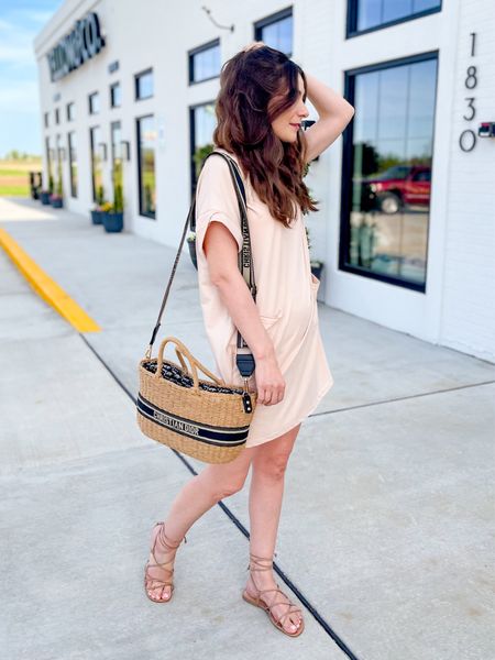 Shein T-shirt dress. Great as a casual dress or dress it up for a date. Also works as a swimsuit cover up. Dress fits tts. Wearing a size small in apricot. Dress comes in lots of colors. Perfect lightweight summer dress. 

#LTKtravel #LTKfindsunder50 #LTKworkwear