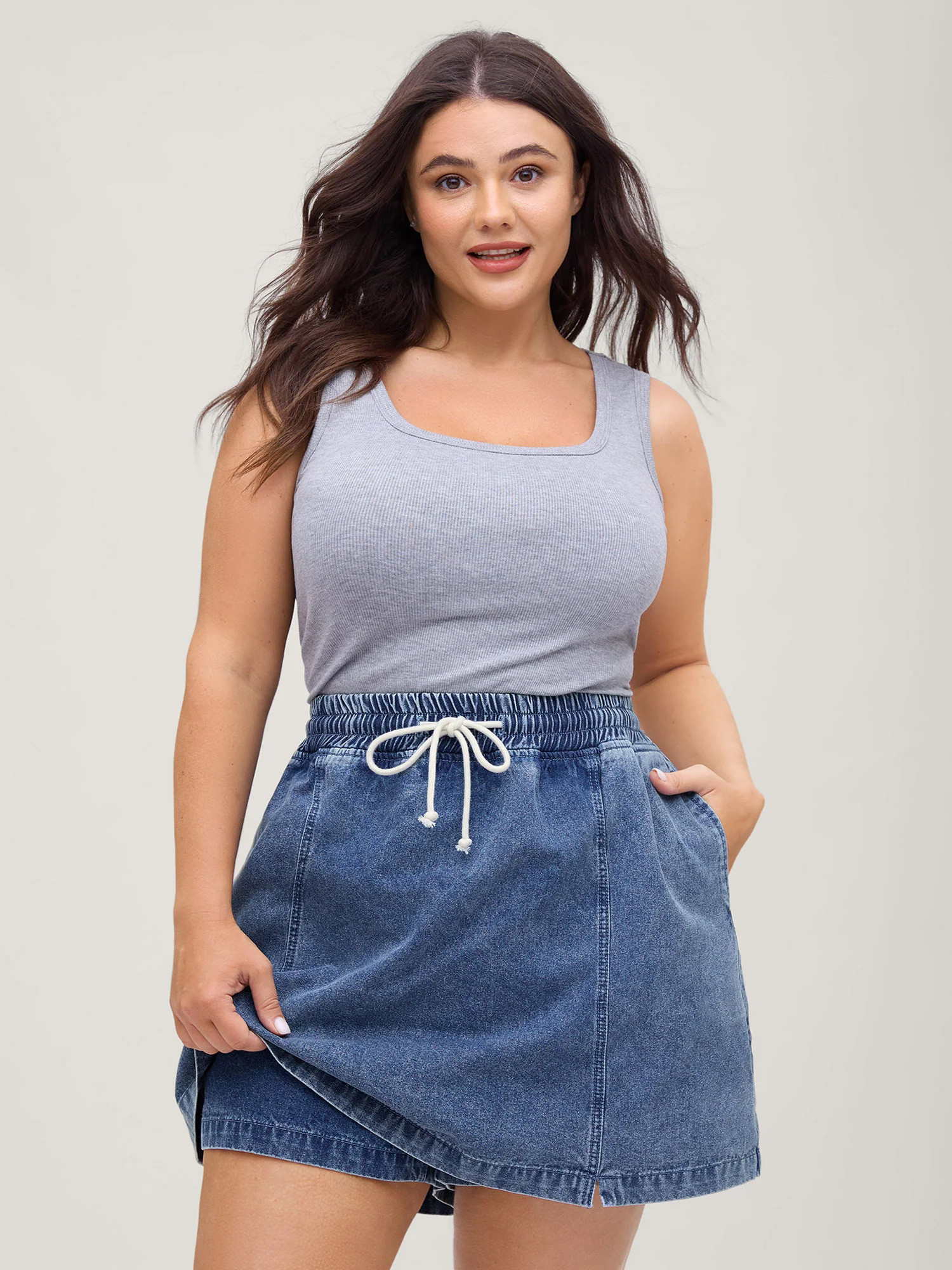 Pull-On Drawstring Denim Skort | Bloomchic