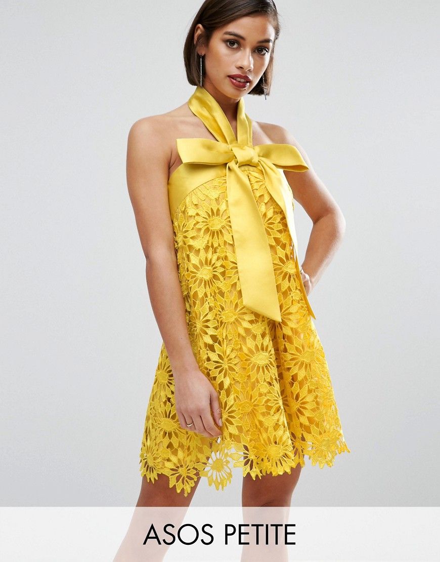 ASOS PETITE SALON Aline Lace Mini Dress with Bow Detail - Yellow | ASOS US